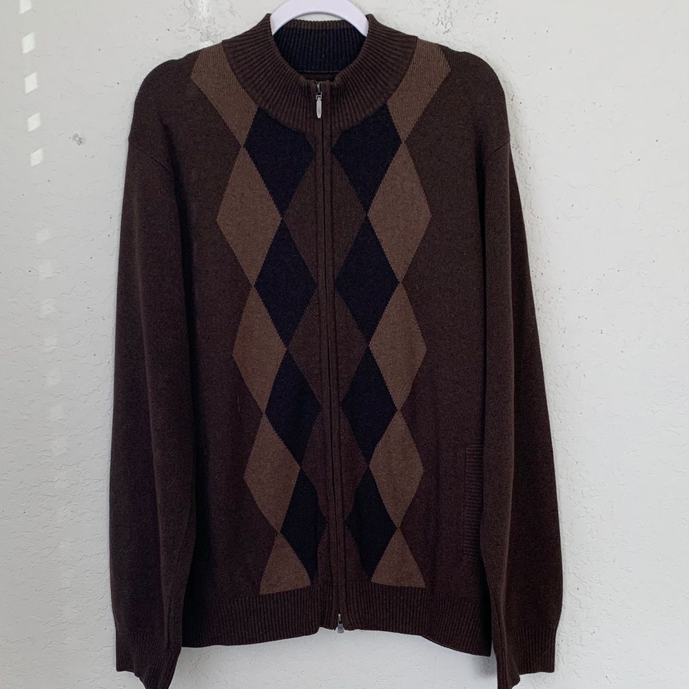 Consensus Men's Cotton Knit Brown Argyle Sweater Size XXL